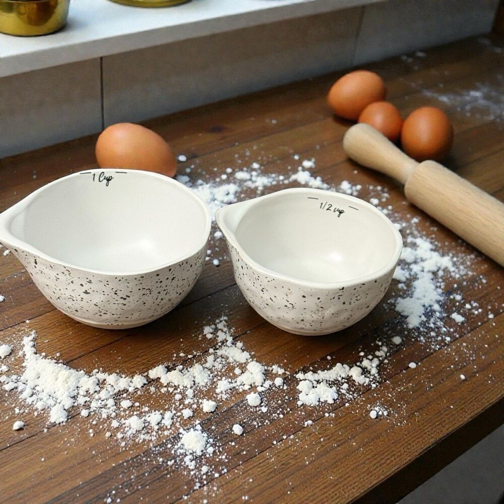 Set Of 2 Ceramic Nesting Mixing Bowls With Pour Spouts | 1 Cup & 1/2 Cup|